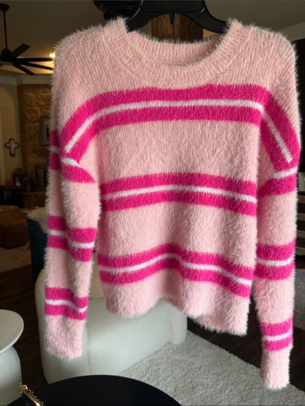 No Boundaries Pink and Hot Pink Fuzzy Striped Crewneck Sweater